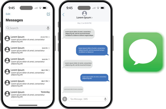 apple imessage interface mockup on iphone 17 pro max with ios 26 showing messages app. Chat Screen, Messaging and Text UI on iPhone 2026. Editorial vector. Chat Screen, Messaging and Text on smartphon