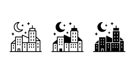 Naklejka premium Cityscape Icons Set, Night Skyline Vector Graphics, Urban Buildings Collection, Modern Architecture Illustrations