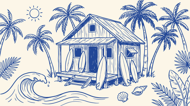 Tropical beach hut architectural sketch with wooden surfboard leaning against a bungalow facade surrounded by palm tree in a hand-drawn vintage vector illustration style for summer
