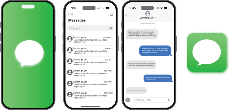 iMessage Mobile App Interface Mockup, Chat Screen, Messaging and Text on smartphone. text conversation bubbles, and keyboard UI for modern Apple chat design. Editorial vector
