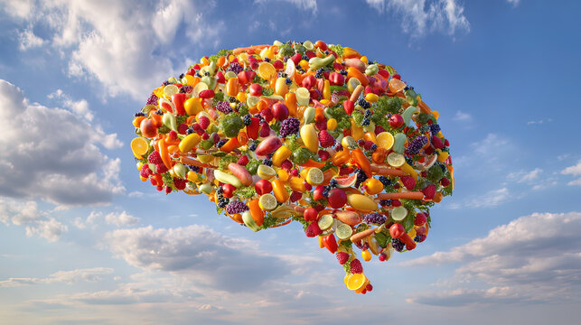 Vibrant brain-shaped clouds composed of colorful fruits and vegetables, symbolizing mental clarity.
