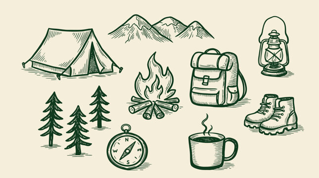 Vintage outdoor camping gear set featuring detailed hand-drawn engraving sketch illustration, collection of wilderness equipment icons including tent, backpack, and compass for adventure design.