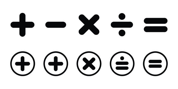 Mathematical symbol vector collection with basic arithmetic signs including addition, subtraction, multiplication, division, and equality for education design.