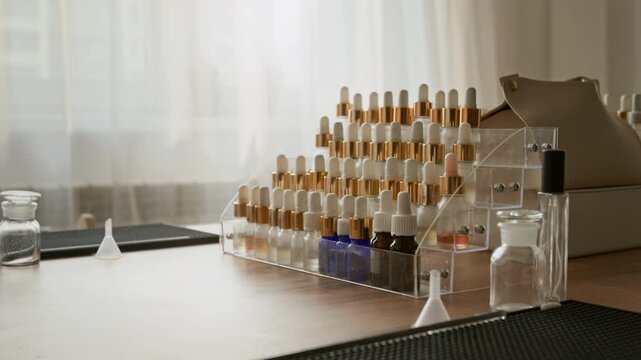 Essential oil dropper bottles standing on tiered acrylic display stand on wooden table during perfumery masterclass. Footage is ideal for promoting cosmetic workshops or aromatherapy courses
