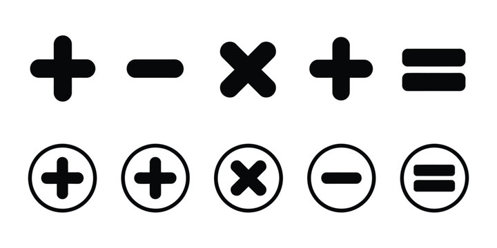 Mathematical arithmetic symbol icon vector set featuring plus, minus, multiply, divide, and equal signs for education and interface design.