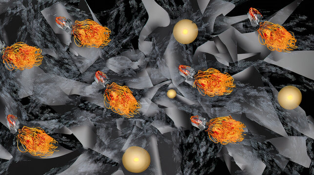 Thin metal sheets lifted by celestial golden photonic winds in space.
