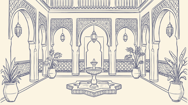 Traditional Moroccan Riad Courtyard Architecture Hand Drawn Ink Sketch Vector Illustration of an Intricate North African House with Arched Windows and Potted Plants in Monochrome Style