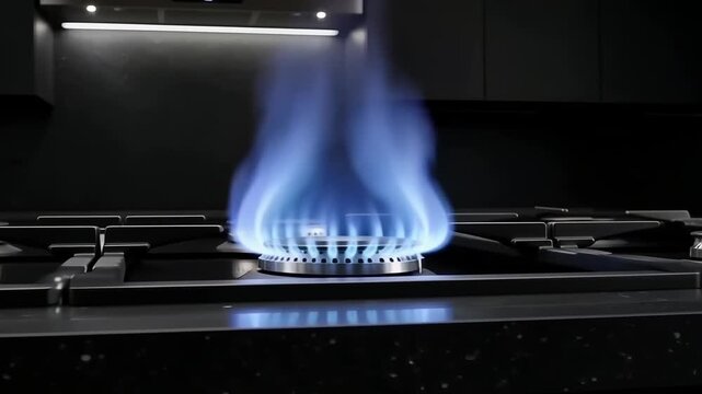A hand turning a metallic knob to ignite a modern black gas stovetop with bright blue flames, captured in a slow dolly-out panning shot inside a minimalist kitchen.