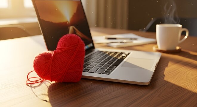 Red knitted heart on desk next to open laptop computer and steaming coffee cup with valentines technology creative handmade