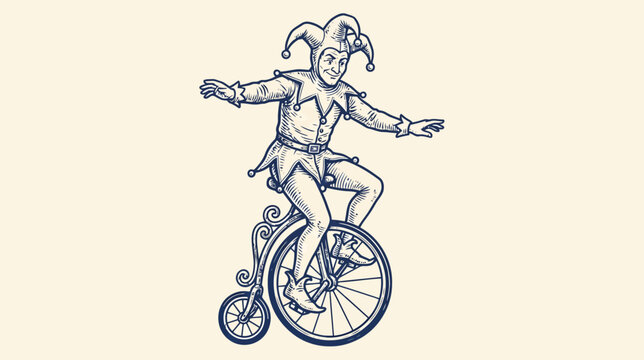 Vintage engraving of a medieval court fool jester character balancing on a unicycle performing circus acrobatics in an intricate woodcut sketch style isolated on white background icon illustration.
