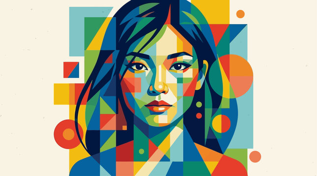 Creative Abstract Cubism Portrait of an Asian Woman with Dark Hair Featuring Colorful Geometric Shapes and Artistic Vector Design Elements in Contemporary Stylized Illustration Style