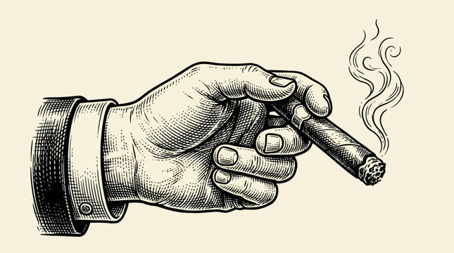 Vintage retro woodcut engraving of a gentleman holding a smoking tobacco cigar, classic hand-drawn black ink illustration icon logo isolated on a clean white background for design projects.