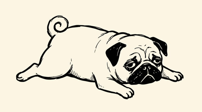 Minimalist handdrawn sketch of a sleepy adorable pug dog resting flat on the floor, black and white line art vector icon, charming domestic pet animal character in a relaxed lazy pose.