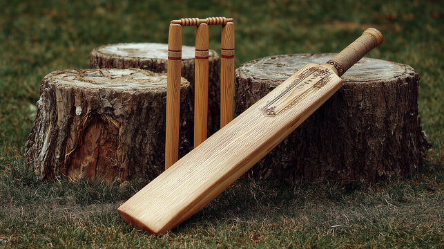 Wooden cricket bat leaning on stumps, no people