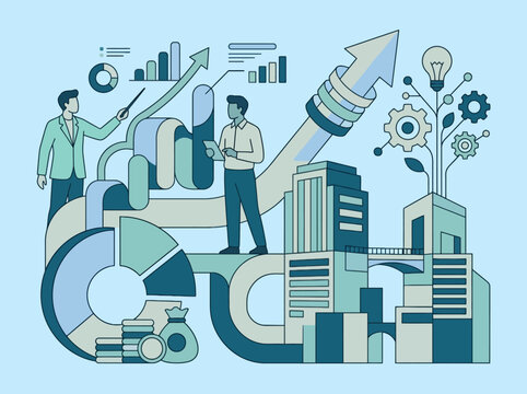 Business professionals analyze financial growth and data charts