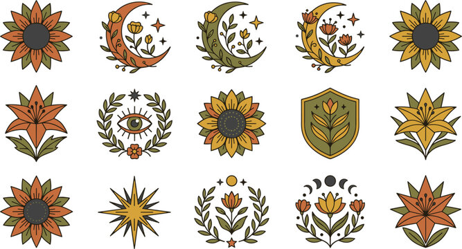 Mystical boho botanical logo vector set featuring linear crescent moons sunflower icons magic evil eye starbursts floral wreaths and celestial shields on white background
