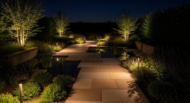 Night view of garden pathway with outdoor lighting and landscaping lighting landscape exterior backyard architecture beautiful