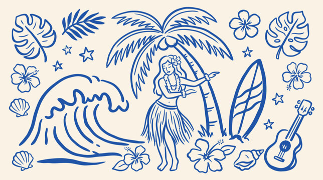 Hand-drawn illustration of a graceful Hawaiian hula dancer wearing a traditional grass skirt and floral lei performing on a sun-drenched beach beside a swaying palm tree in a lush tropical paradise.