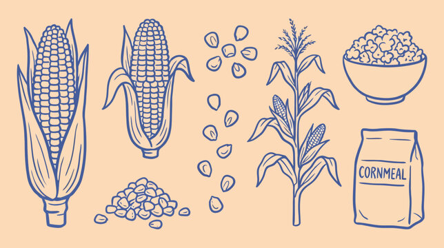 Organic corn element set detailed outline sketch vector illustration maize cob leaf kernel agriculture harvest healthy raw sweetcorn farm cereal food plant botanical drawing art graphic icon