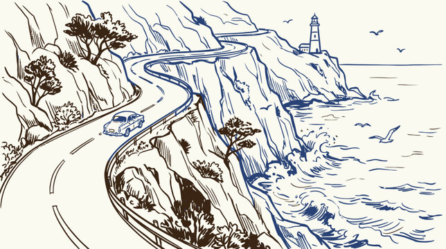 Artistic ink sketch of a winding coastal cliff road overlooking the ocean sea, vector illustration featuring rugged rock, shoreline horizon, and scenic travel nature landscape design.