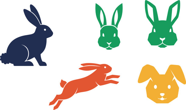 Rabbit and Hare Vector Icon Set with Sitting Bunny Running Jackrabbit and Geometric Easter Animal Head Symbols for Wildlife Nature and Pet Graphic Designs