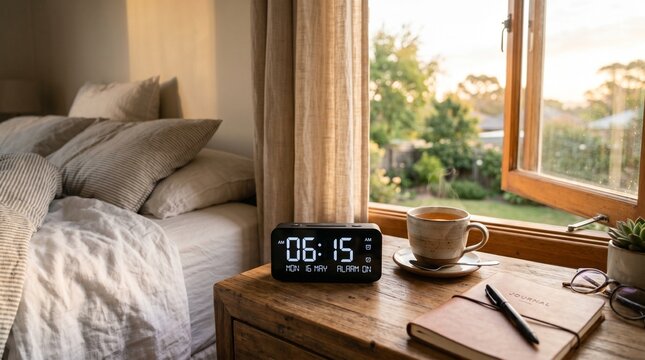 Digital alarm clock displaying early morning time sits on a rustic wooden nightstand beside a steaming cup of hot tea and a journal in a peaceful sunlit bedroom at dawn.