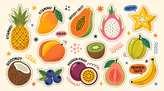 Vibrant Retro Groovy Fruits and Berries Sticker Collection Featuring Exotic Tropical Elements in Hand Drawn Doodle Style for Healthy Vegetarian Food Designs and Vitamin Rich Organic Nutrition