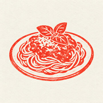 A plate of italian pasta with tomato sauce and parmesan cheese and a basil leaf on top on white background, isolated made in the style of rough stamp (lino gravure)