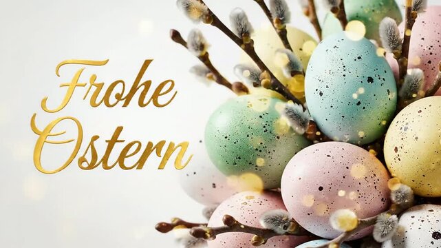 Easter greeting with pastel speckled eggs and pussy willow branches, frohe ostern gold typography and soft bokeh light effects