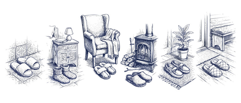 Cozy home slippers sketch illustration featuring comfortable indoor footwear like bootie socks, clogs, and moccasins set in warm cabin scenes next to rustic furniture for cozy winter lifestyle concept