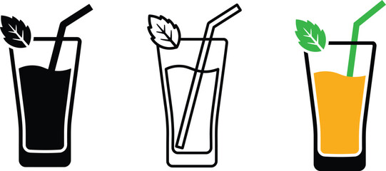 Refreshing Summer Drink Glass with Straw and Mint Leaf Icon set vector illustration © Mi RAZU