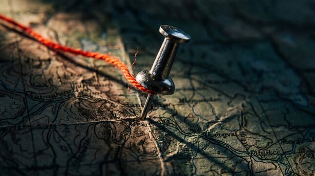 Close-up of a metal pushpin on a vintage travel map with a red string marking a route