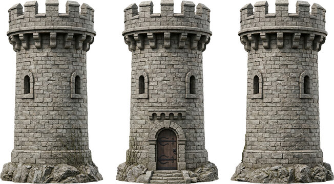Medieval Stone Watch Towers Set Isolated on Transparent Background, Historic Castle Defense Tower Collection PNG