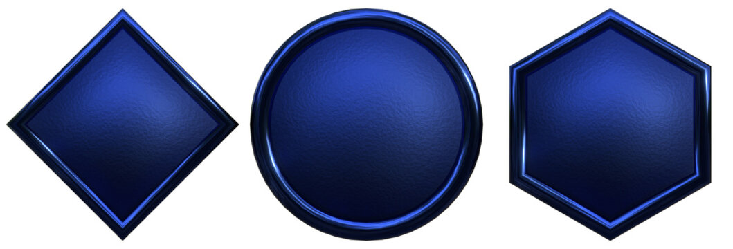 Luxury Blue Metallic 3D Geometric Badge and Button Set with Textured Surface on Transparent Background