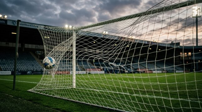 Soccer ball flying into goal net.