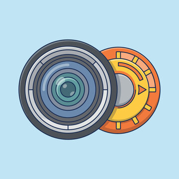 Flat design illustration of a camera lens and a settings dial
