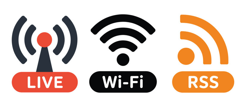 Live Wi-Fi RSS vector icon collection representing network connectivity, wireless signal, broadcasting, and internet communication UI design elements.