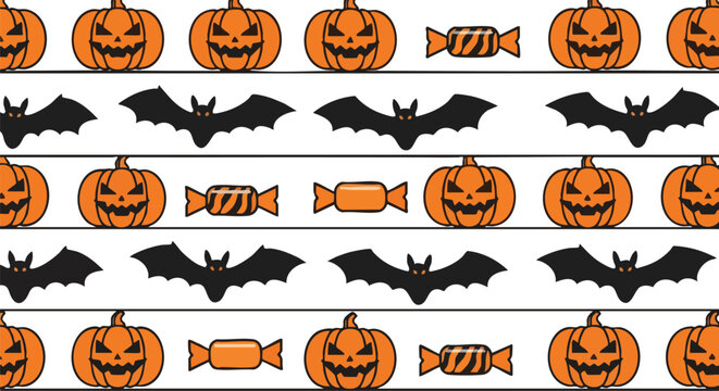 Seamless Halloween Pattern Featuring Grinning Jack O Lanterns Flying Bats and Wrapped Sweets Over White Background