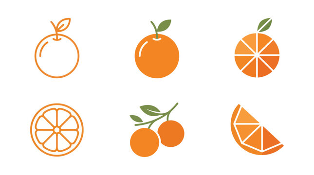 Minimalist orange citrus fruit icons in various flat and line styles