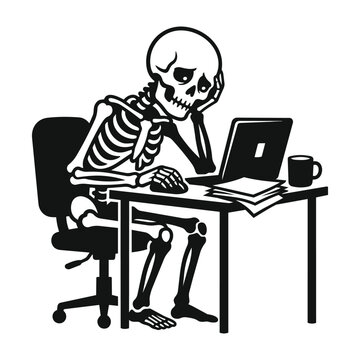 Stressed skeleton working at office desk with skeleton stressed corporate