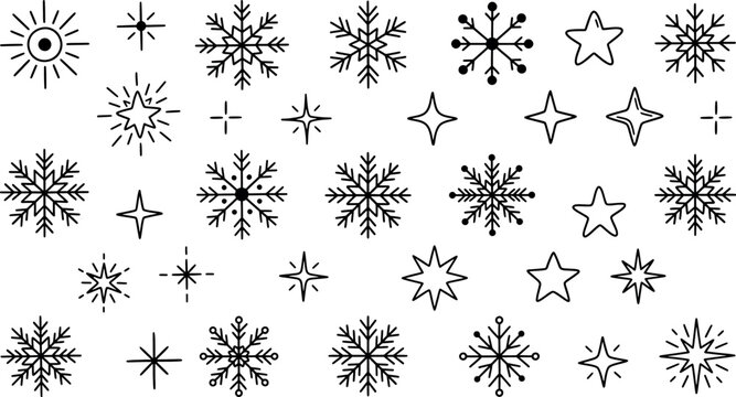 Set of hand drawn snowflakes and stars, doodle winter elements for christmas design isolated on white background