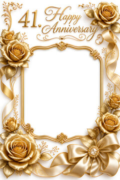 Golden roses and ribbons decorate a frame for a 41st anniversary celebration