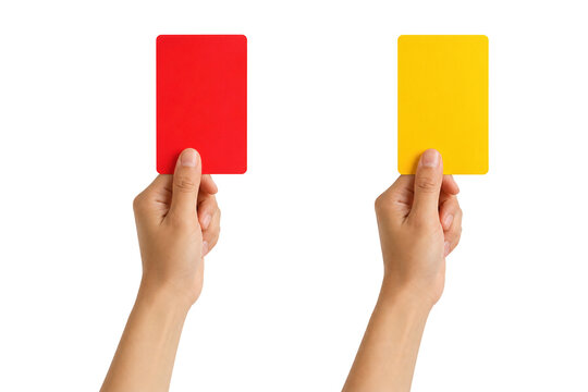 Hand holding red and yellow referee cards isolated on a white background, football warning and penalty concept, sports officiating symbols, fair play rules, disciplinary action in soccer match