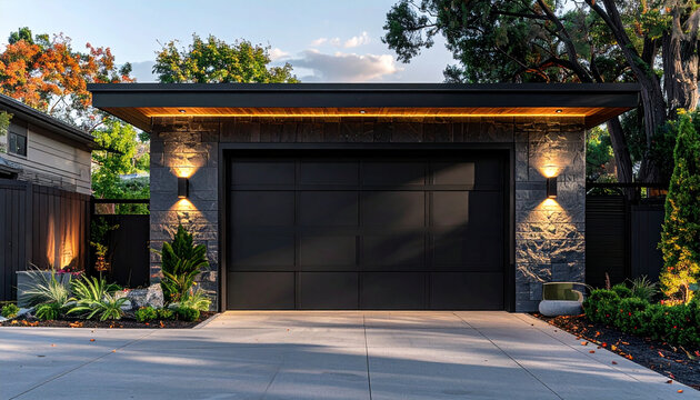 Modern garage exterior with black door and stone accents in residential setting
