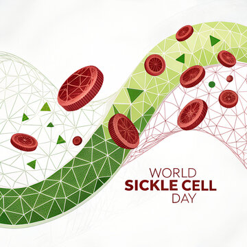 World sickle cell day red blood cells on abstract green wave pattern.