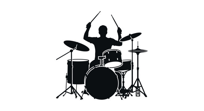Man playing a drum set enthusiastically.