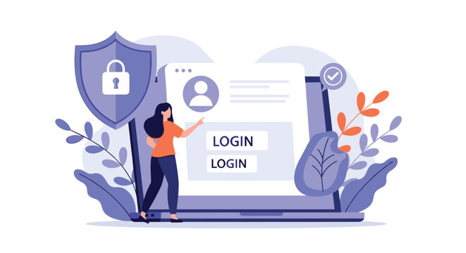 Young woman using a computer to login to a secure website with protected data and cybersecurity shield with a padlock icon.