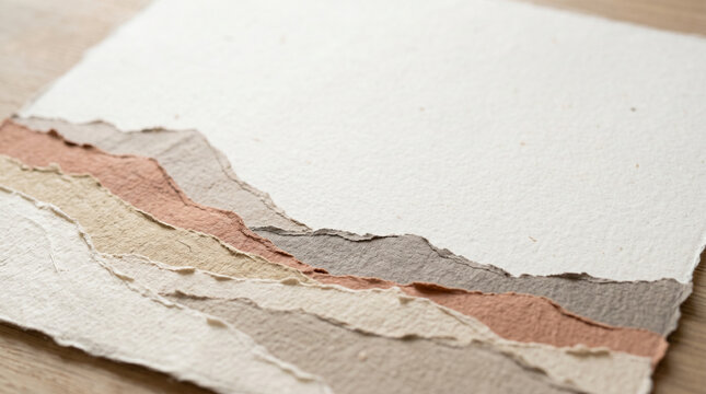 Minimalist abstract landscape made from layered handmade paper. Earth tone color palette with torn deckle edges and copy space for sustainable branding.
