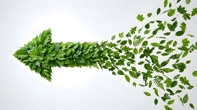Green arrow formed from leaves pointing right with scattering leaves