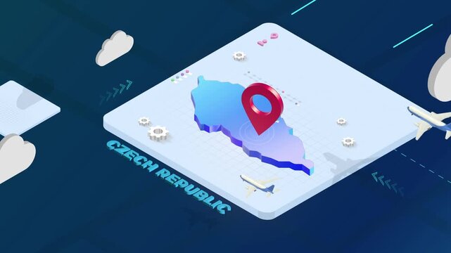 Isometric 3D Render of Czech Republic Map with Red Location Pin Pointer and Floating Airplanes